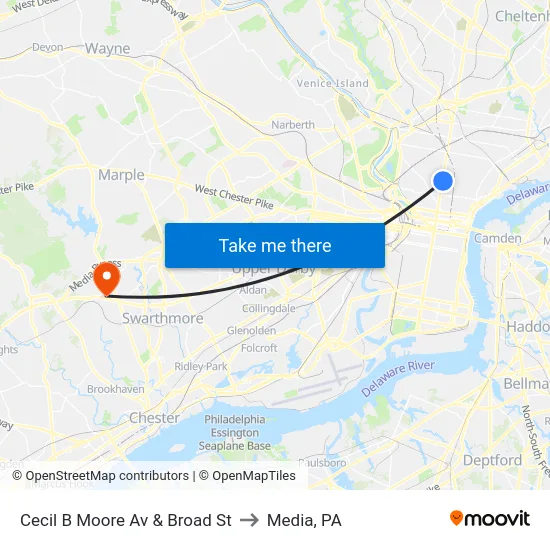 Cecil B Moore Av & Broad St to Media, PA map