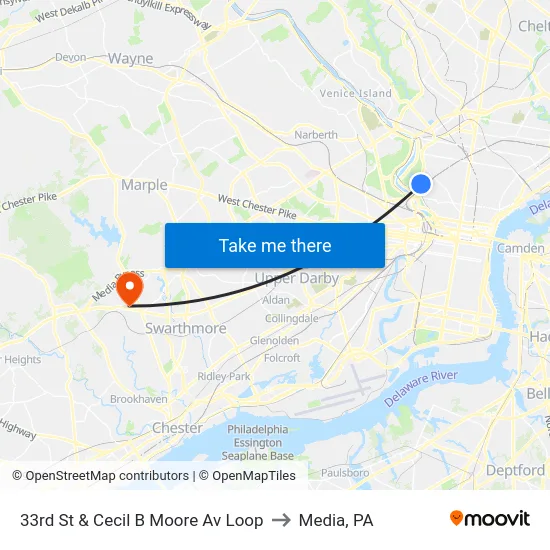 33rd St & Cecil B Moore Av Loop to Media, PA map