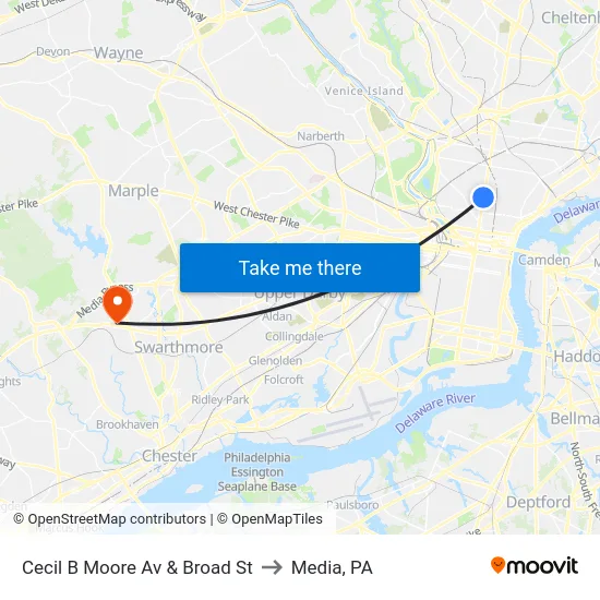 Cecil B Moore Av & Broad St to Media, PA map