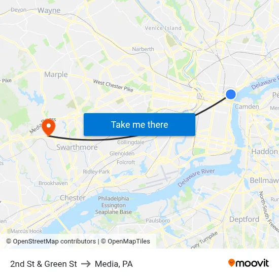 2nd St & Green St to Media, PA map