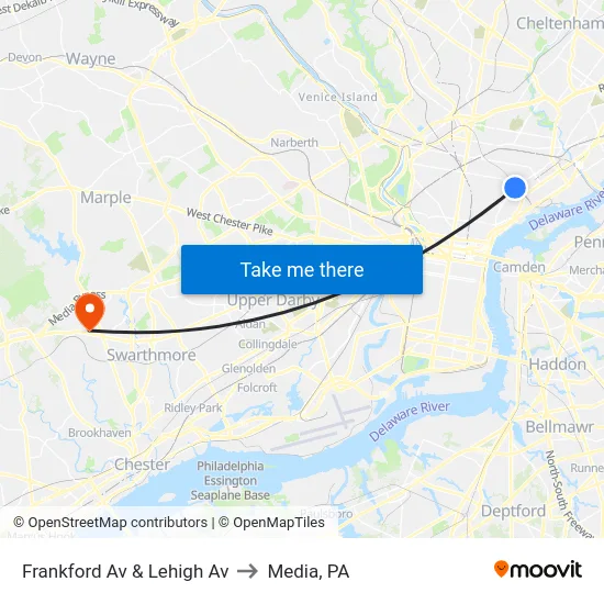 Frankford Av & Lehigh Av to Media, PA map
