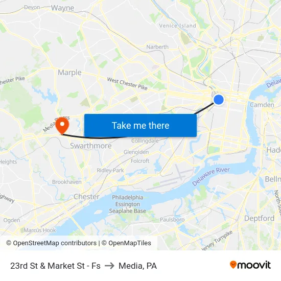 23rd St & Market St - Fs to Media, PA map