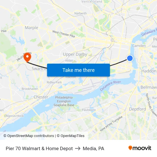 Pier 70 Walmart & Home Depot to Media, PA map