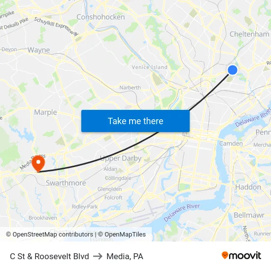 C St & Roosevelt Blvd to Media, PA map