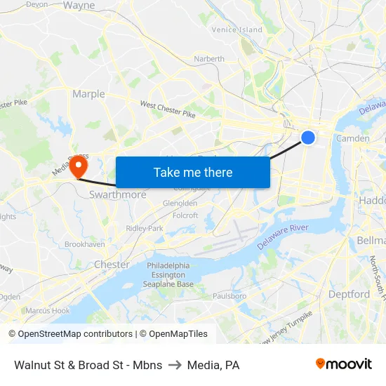 Walnut St & Broad St - Mbns to Media, PA map