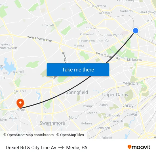 Drexel Rd & City Line Av to Media, PA map