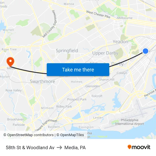 58th St & Woodland Av to Media, PA map