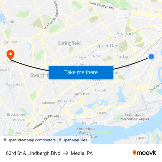 63rd St & Lindbergh Blvd to Media, PA map