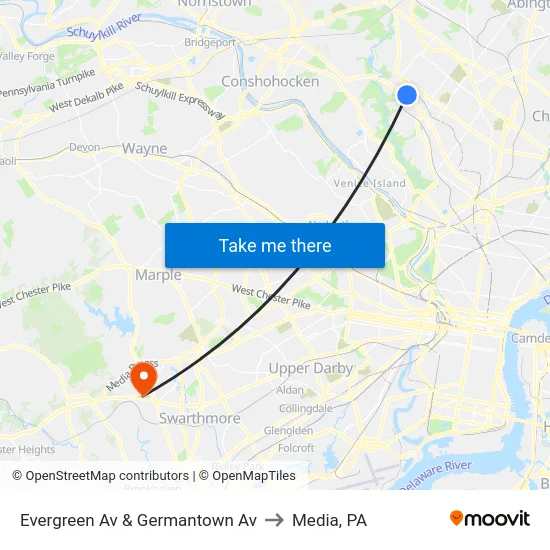 Evergreen Av & Germantown Av to Media, PA map