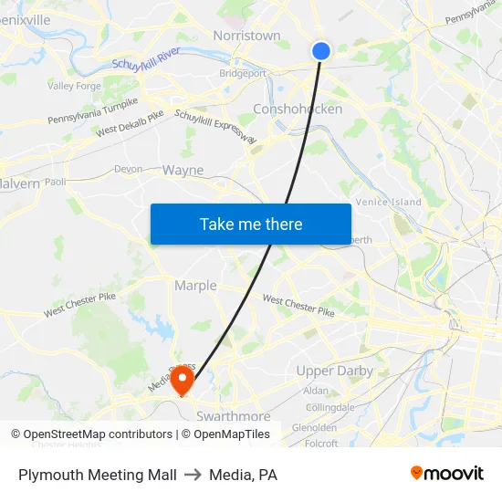 Plymouth Meeting Mall to Media, PA map