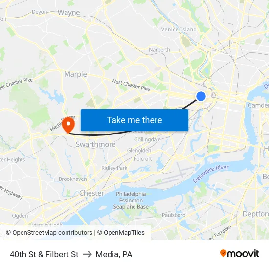 40th St & Filbert St to Media, PA map