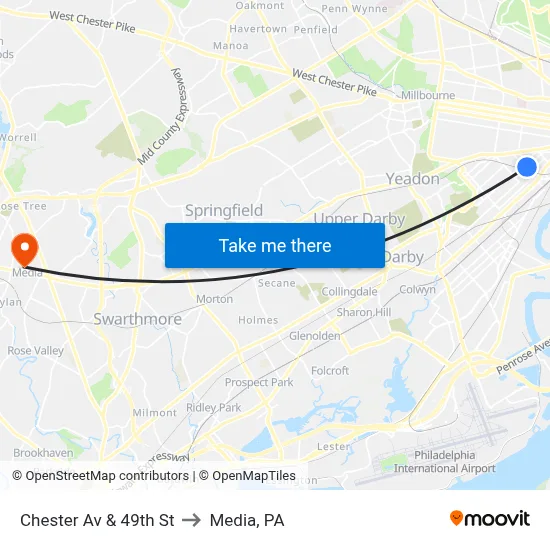Chester Av & 49th St to Media, PA map