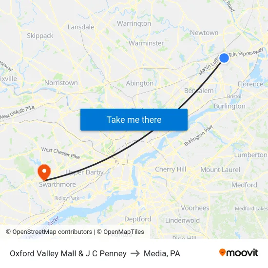 Oxford Valley Mall & J C Penney to Media, PA map