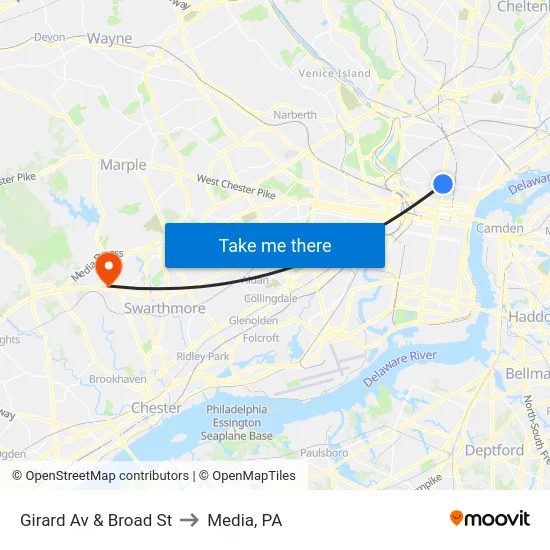 Girard Av & Broad St to Media, PA map