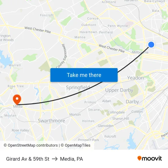 Girard Av & 59th St to Media, PA map