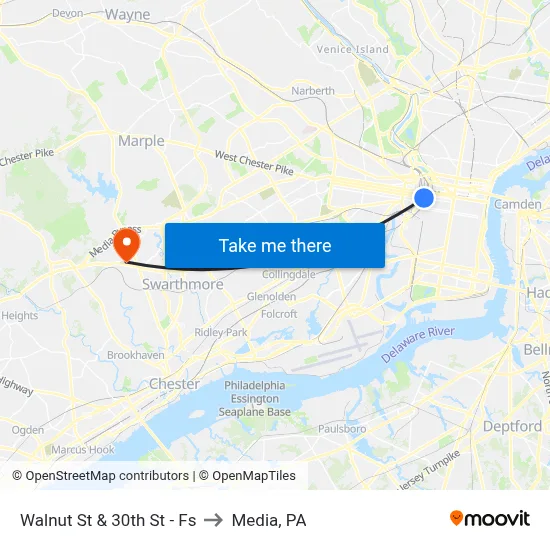 Walnut St & 30th St - Fs to Media, PA map