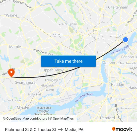 Richmond St & Orthodox St to Media, PA map