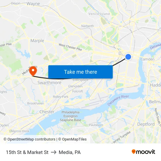 15th St & Market St to Media, PA map