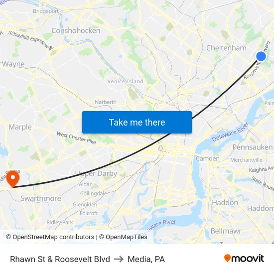 Rhawn St & Roosevelt Blvd to Media, PA map