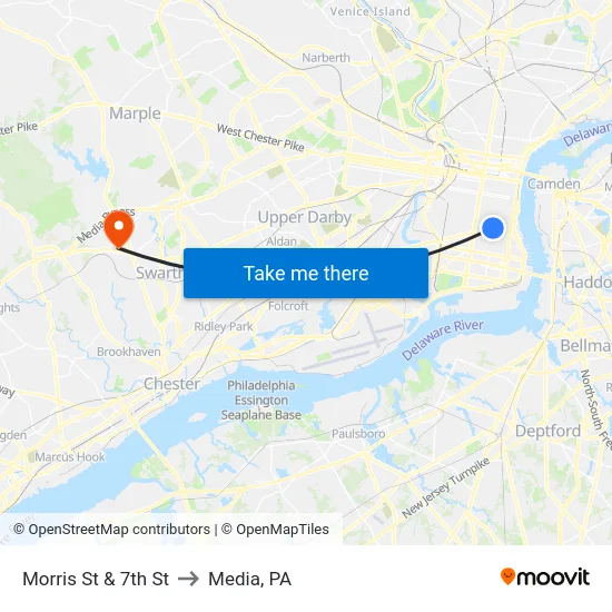 Morris St & 7th St to Media, PA map