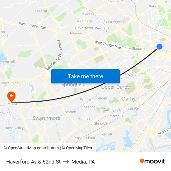 Haverford Av & 52nd St to Media, PA map