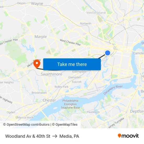 Woodland Av & 40th St to Media, PA map