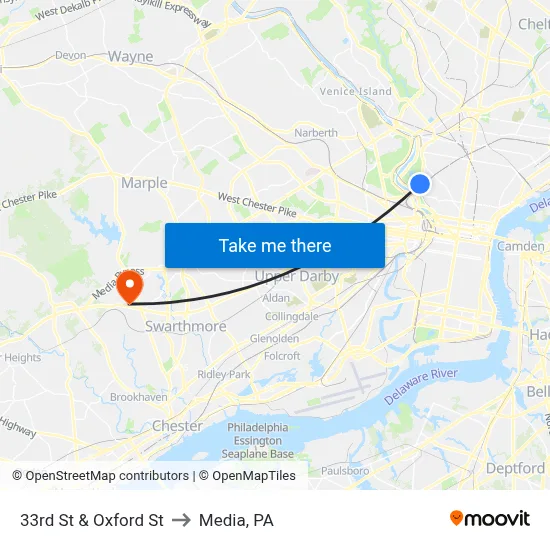 33rd St & Oxford St to Media, PA map