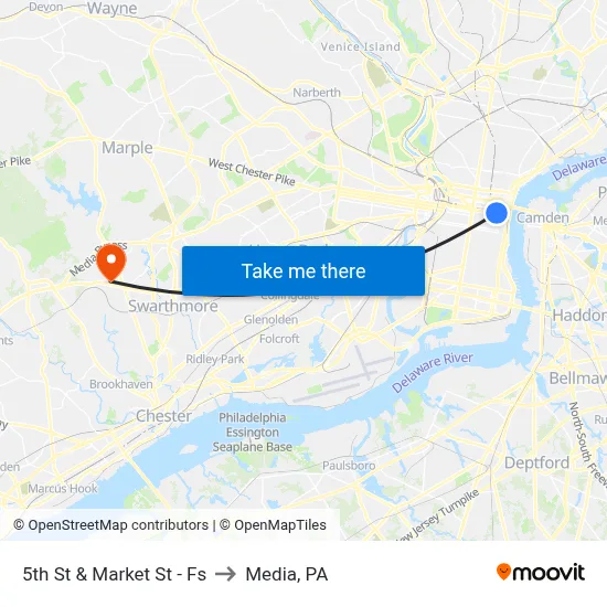 5th St & Market St - Fs to Media, PA map