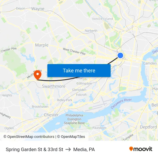 Spring Garden St & 33rd St to Media, PA map