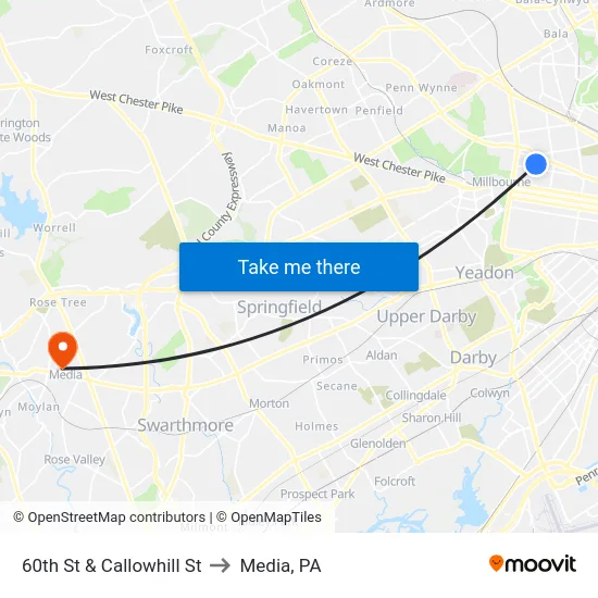 60th St & Callowhill St to Media, PA map