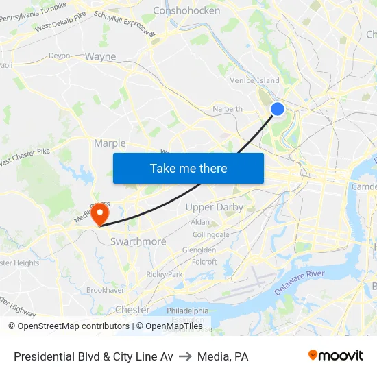 Presidential Blvd & City Line Av to Media, PA map