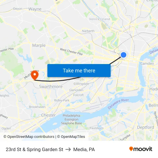 23rd St & Spring Garden St to Media, PA map