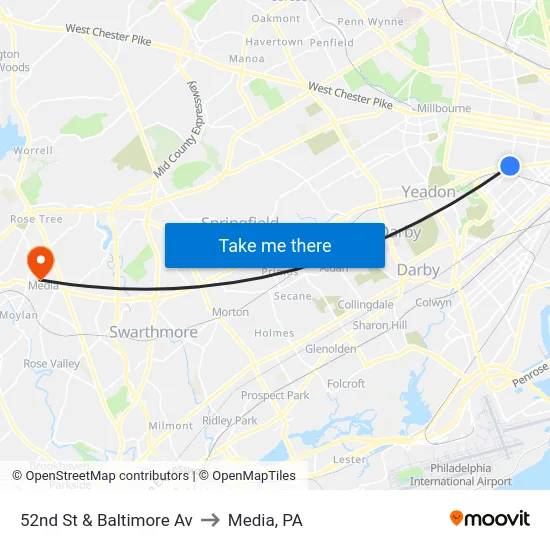 52nd St & Baltimore Av to Media, PA map