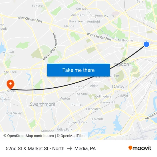 52nd St & Market St - North to Media, PA map