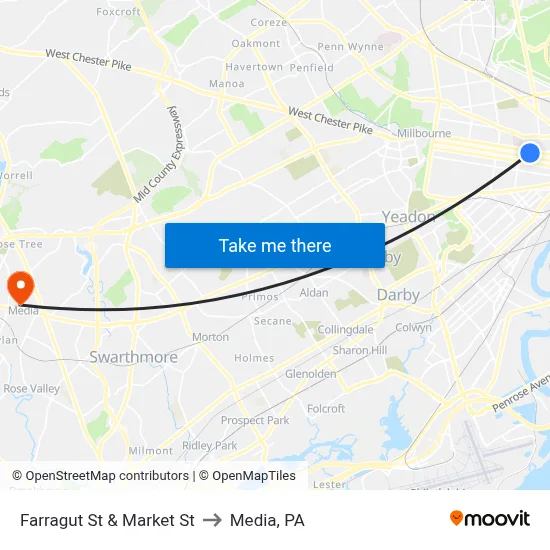 Farragut St & Market St to Media, PA map