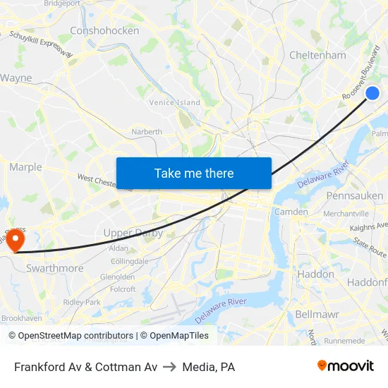 Frankford Av & Cottman Av to Media, PA map