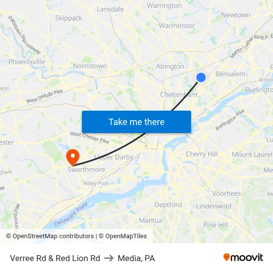 Verree Rd & Red Lion Rd to Media, PA map
