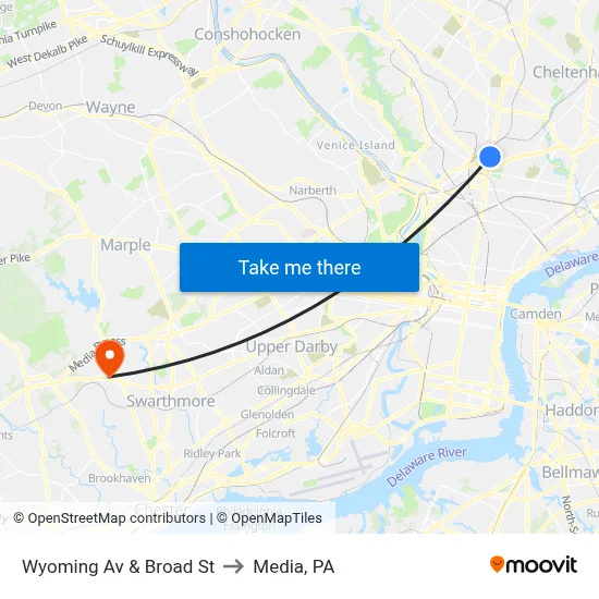Wyoming Av & Broad St to Media, PA map
