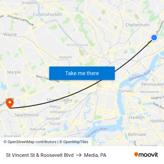 St Vincent St & Roosevelt Blvd to Media, PA map