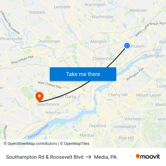 Southampton Rd & Roosevelt Blvd to Media, PA map