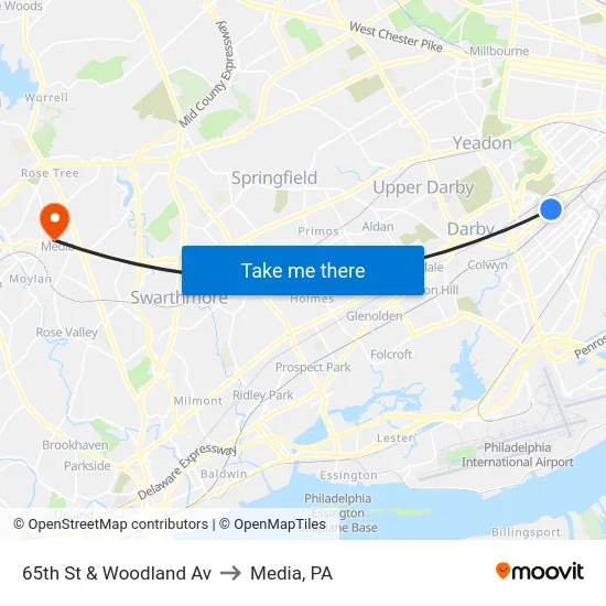 65th St & Woodland Av to Media, PA map