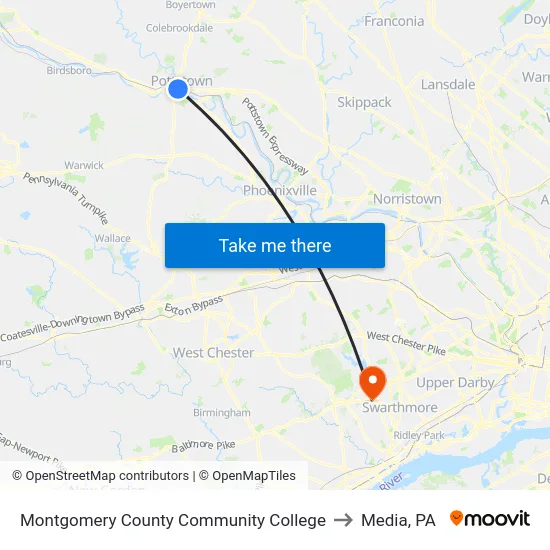 Montgomery County Community College to Media, PA map