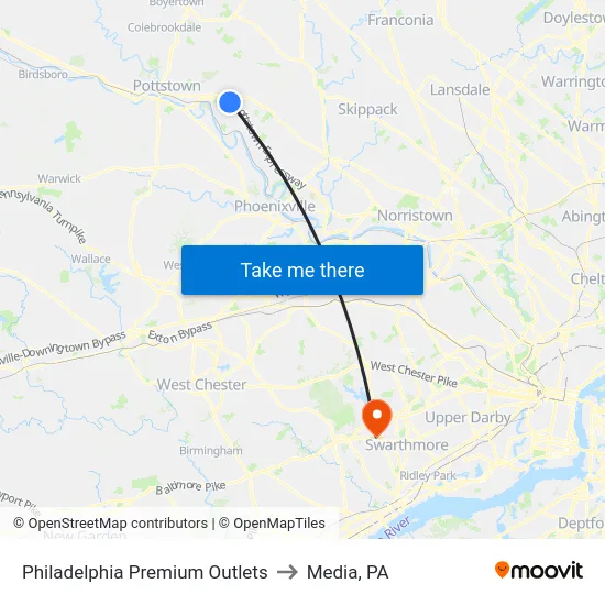 Philadelphia Premium Outlets to Media, PA map