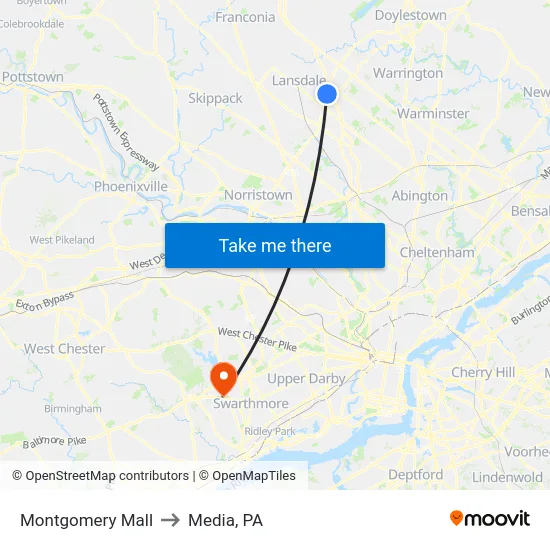 Montgomery Mall to Media, PA map