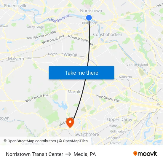 Norristown Transit Center to Media, PA map