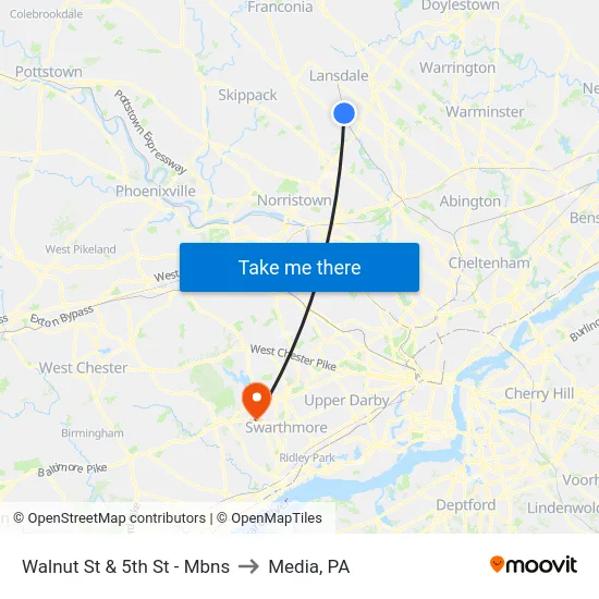Walnut St & 5th St - Mbns to Media, PA map