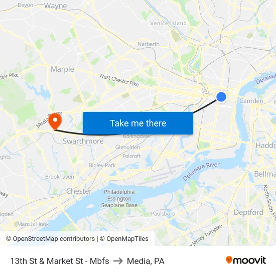 13th St & Market St - Mbfs to Media, PA map