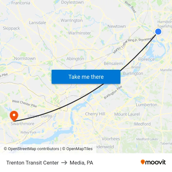 Trenton Transit Center to Media, PA map