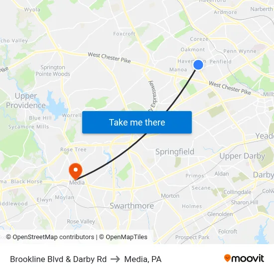 Brookline Blvd & Darby Rd to Media, PA map