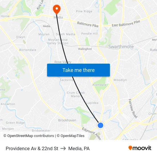Providence Av & 22nd St to Media, PA map